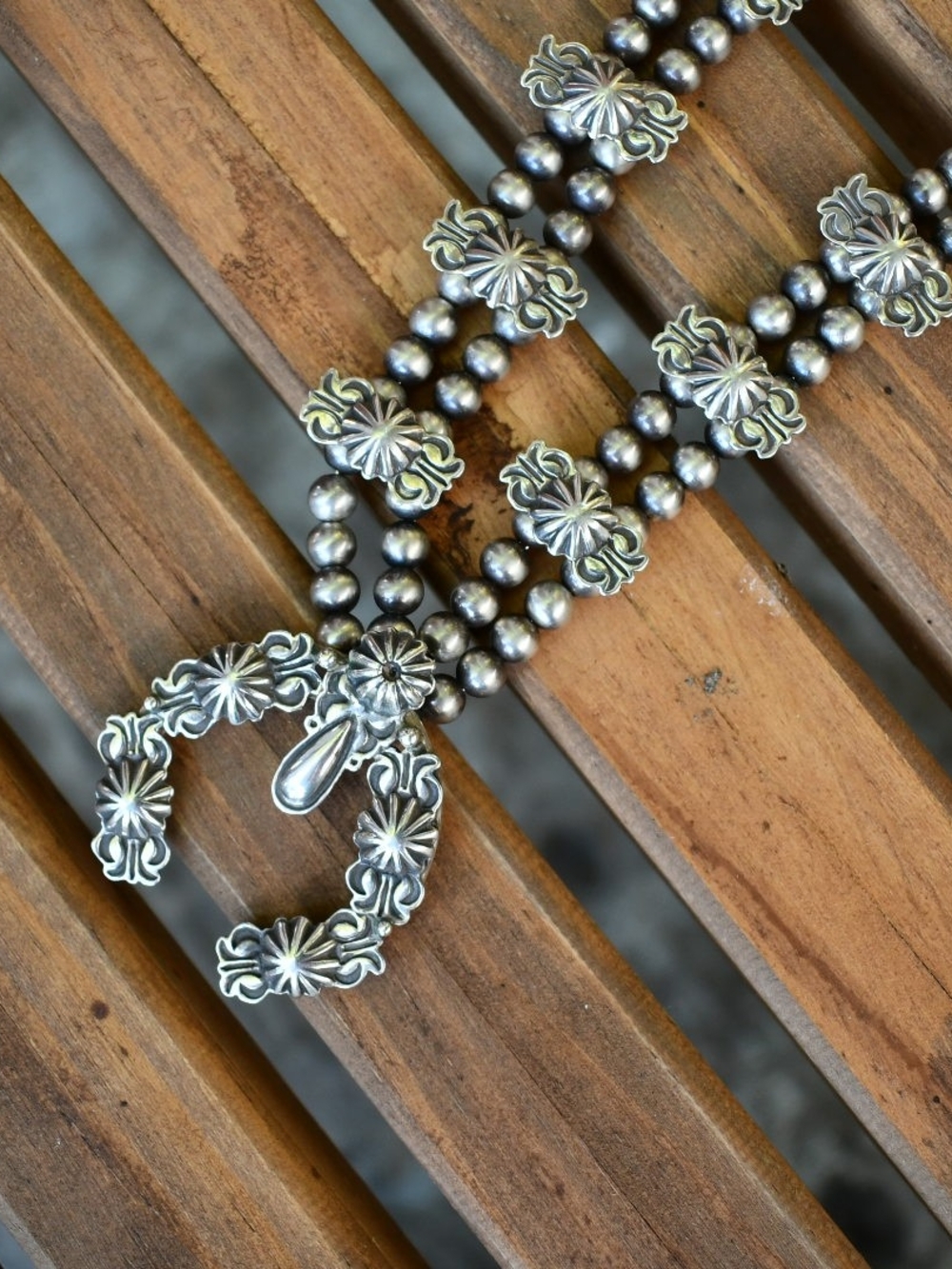 Sterling Silver Navajo-Style Squash Blossom Necklace with Earrings - Silver - Picture 3 of 10